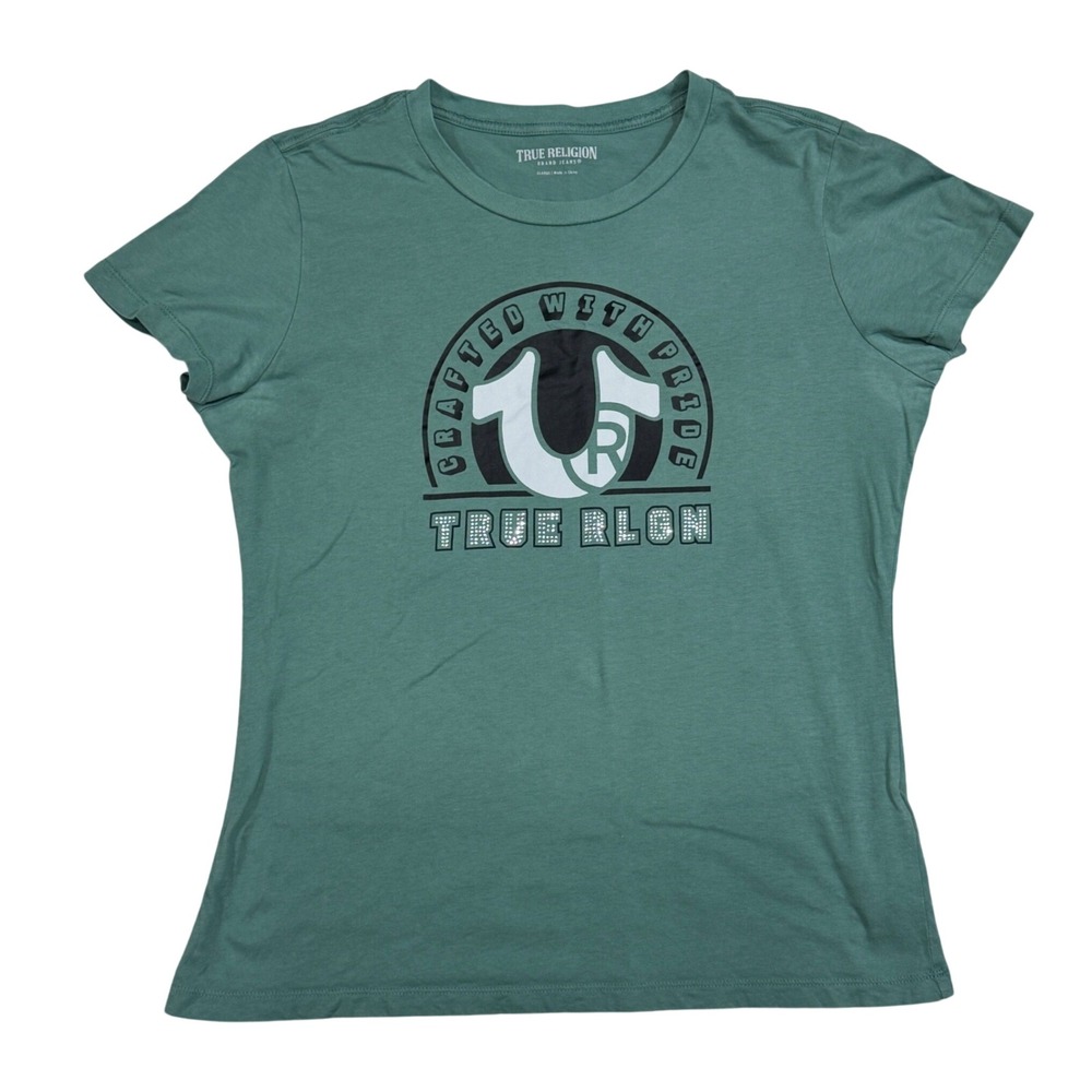 True Religion Womens Green Rhinestone Horseshoe Graphic T-Shirt XL Crafted Pride